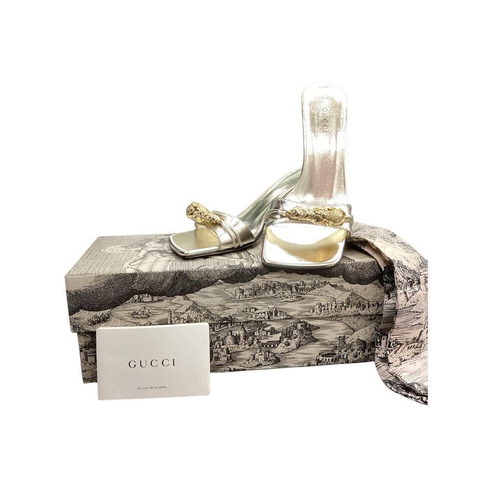 NIB Gucci Sandals Women’s Size 5.5 Open Heel Open Toe Panther Head Decor Gold